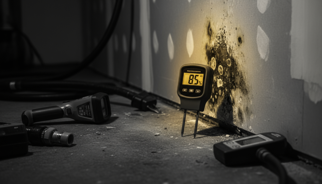 How to Prevent Mold After Water Damage: A Homeowner's Action Plan Moisture meter detecting hidden water damage to prevent mold growth