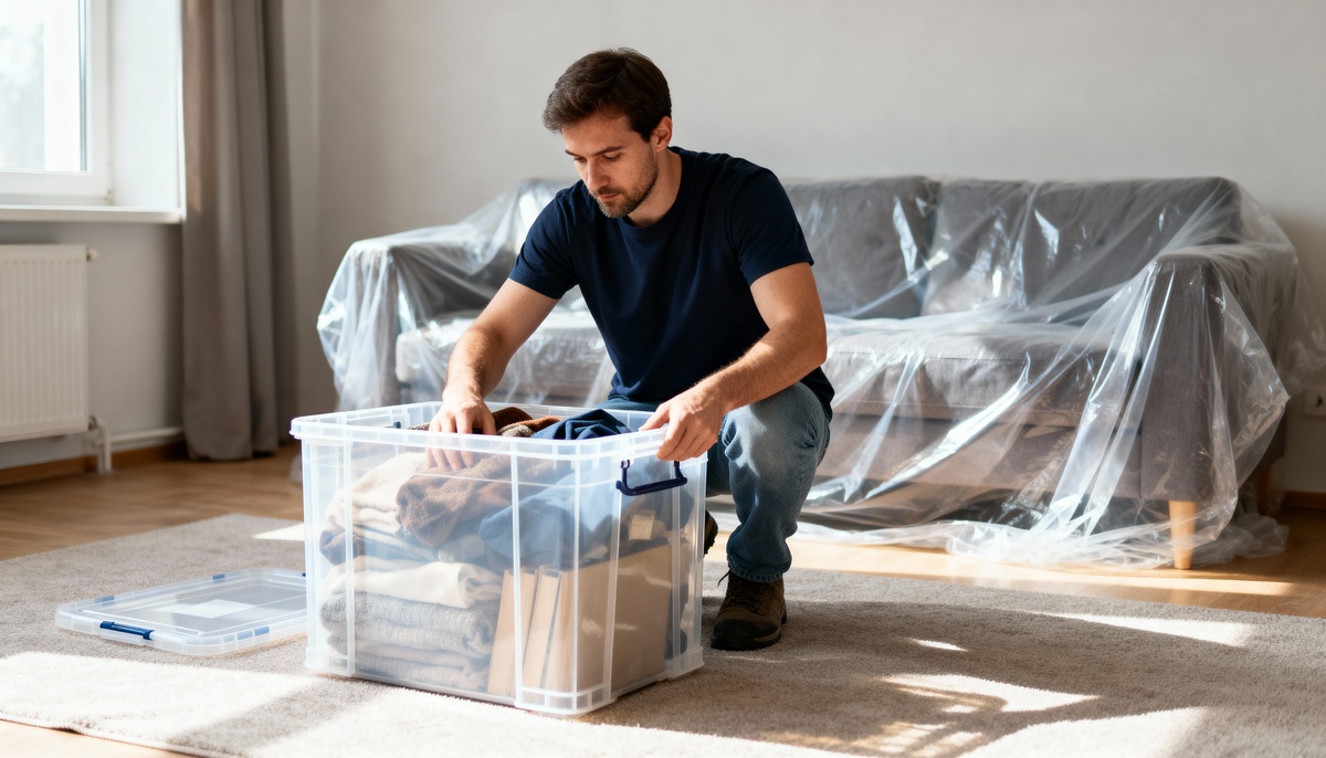 Homeowner protecting belongings during restoration by packing items into storage bins