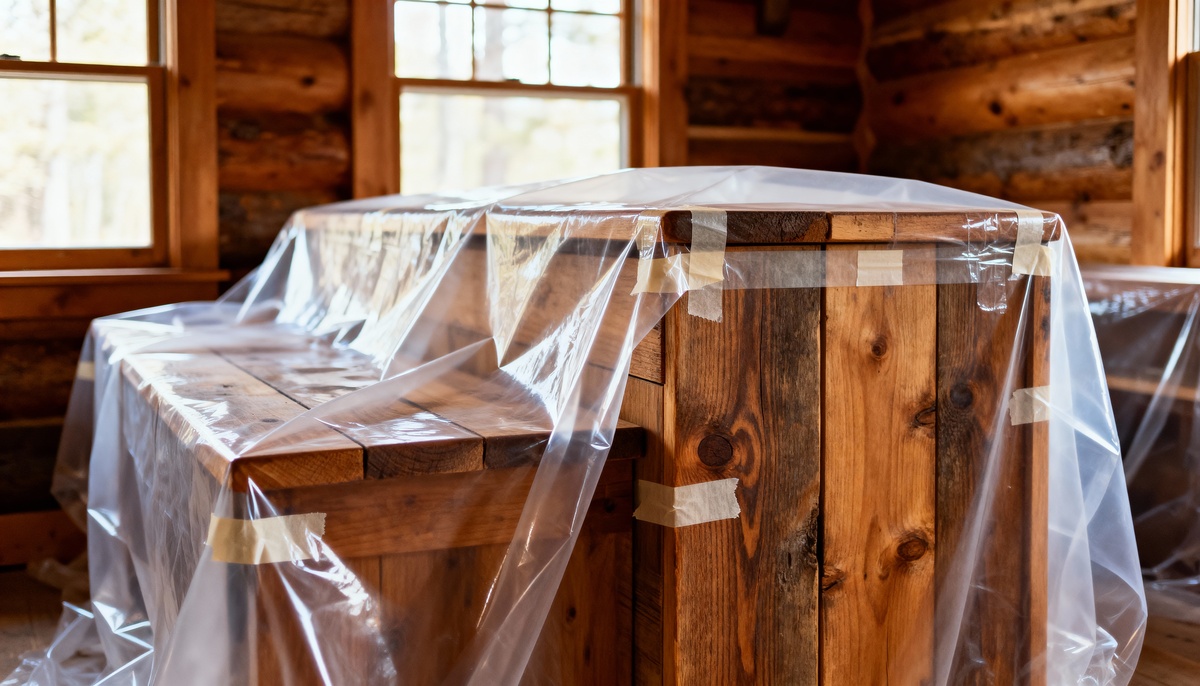 Furniture properly covered with plastic sheeting for protection during restoration process