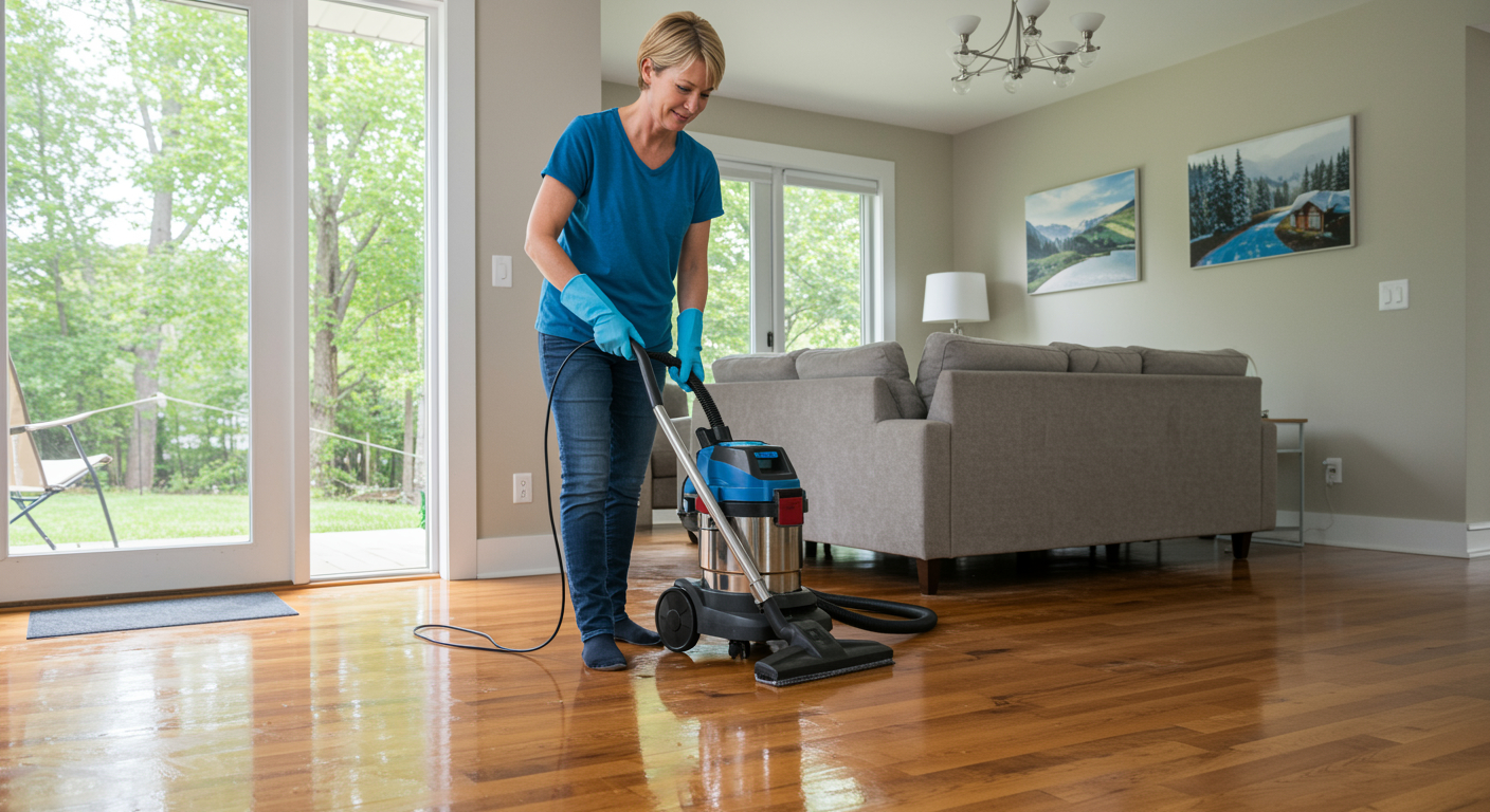 Homeowner safely cleaning up minor water damage with wet vacuum and protective equipment