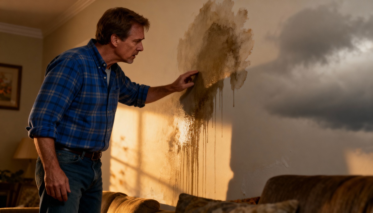 Homeowner using inspecting water damage warning signs on ceiling