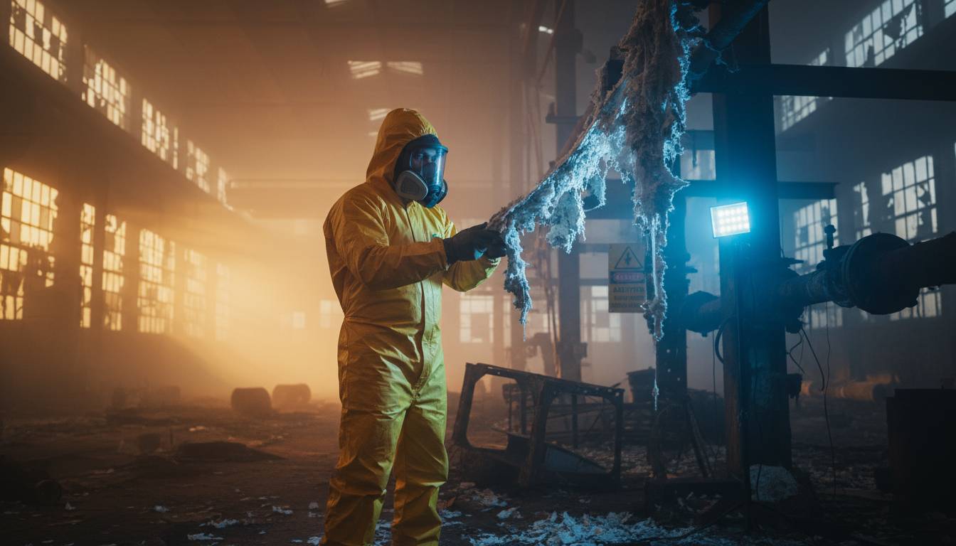 Professional asbestos abatement specialist in protective gear inspecting hazardous materials in building