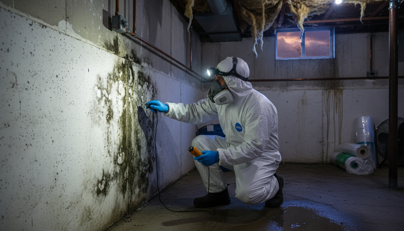 Professional mold removal technician inspecting mold contamination in home