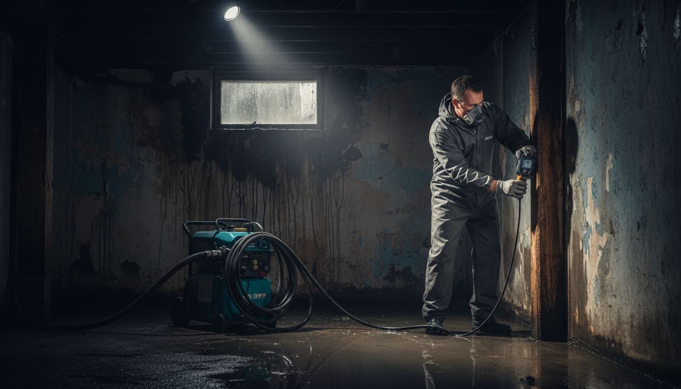 Professional post-fire cleanup specialist assessing smoke damage in residential property