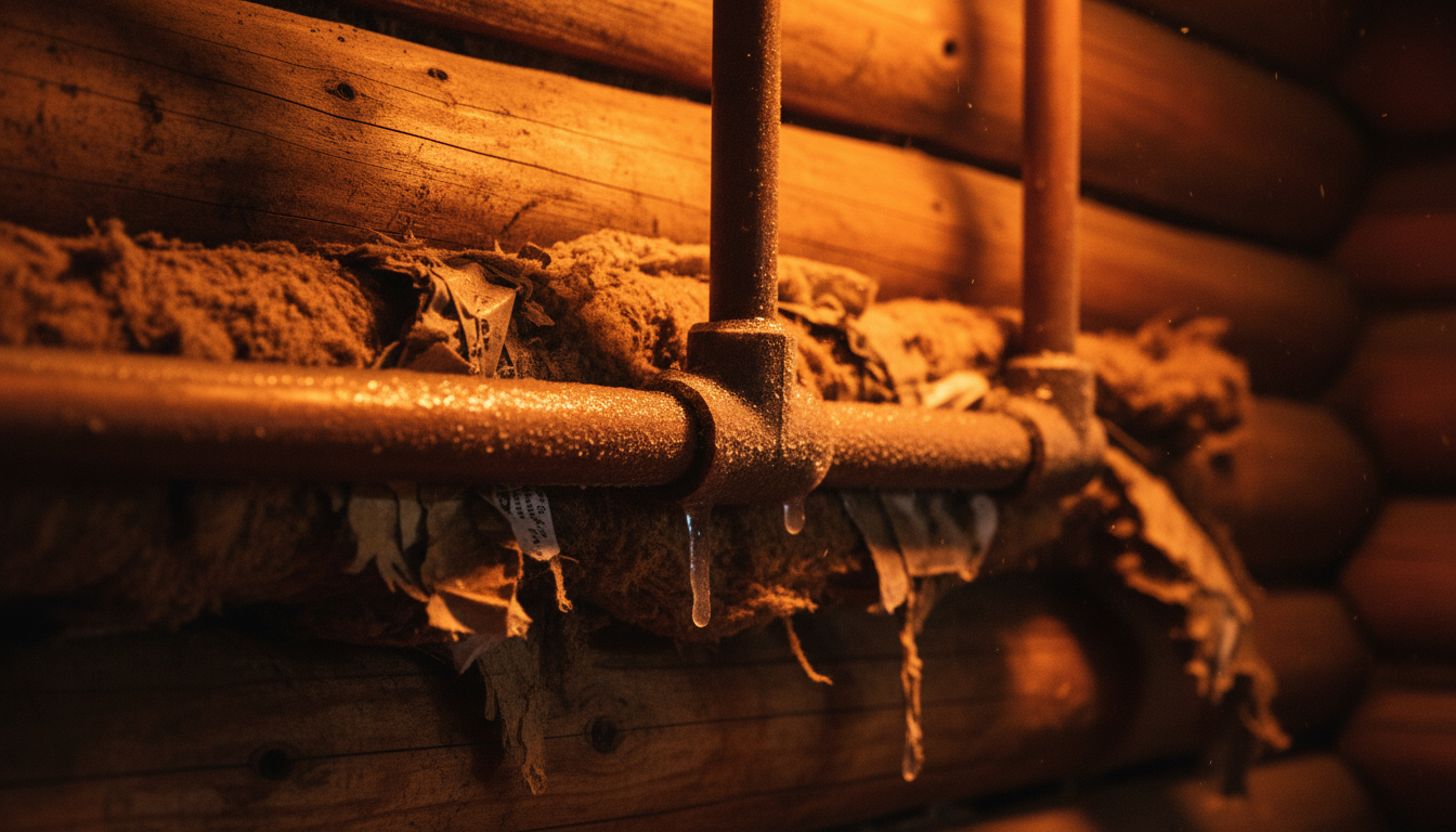 Frozen pipe covered in ice and frost showing winter plumbing damage