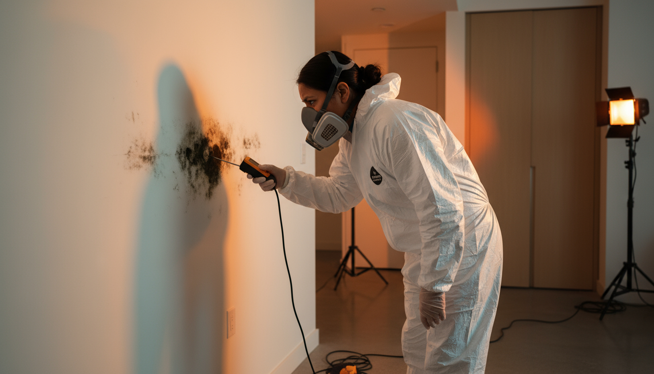 Professional mold remediation specialist in protective gear inspecting mold growth on interior wall