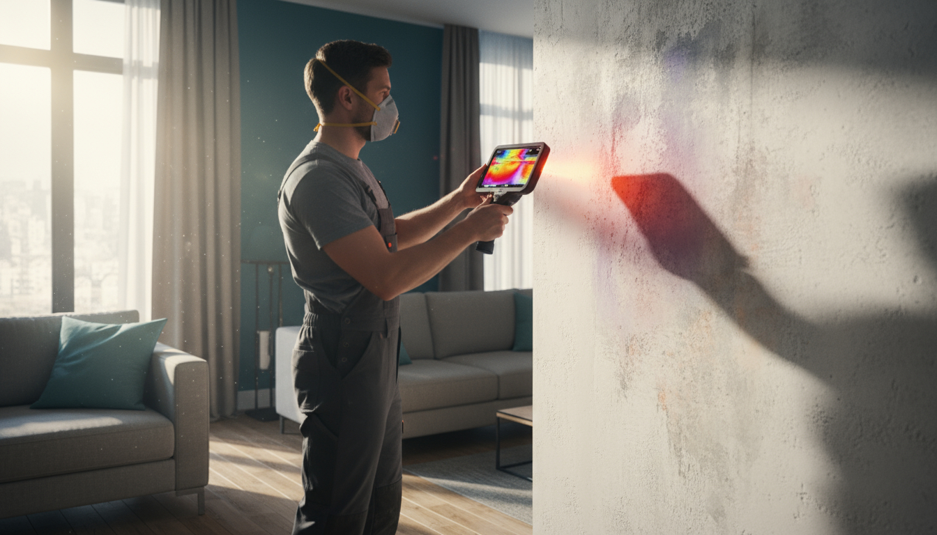 Professional using thermal imaging technology to detect hidden mold growth behind walls
