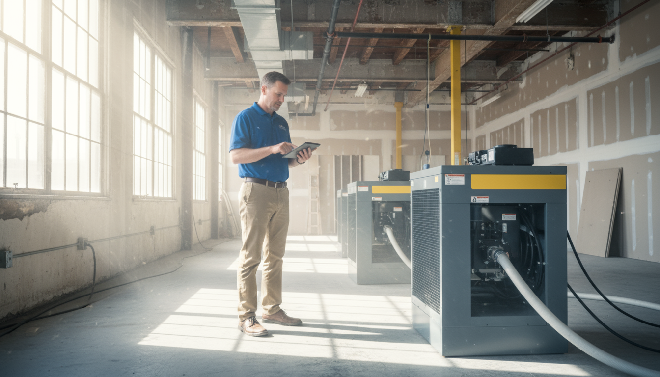 Professional analyzing psychrometric data during commercial water damage restoration