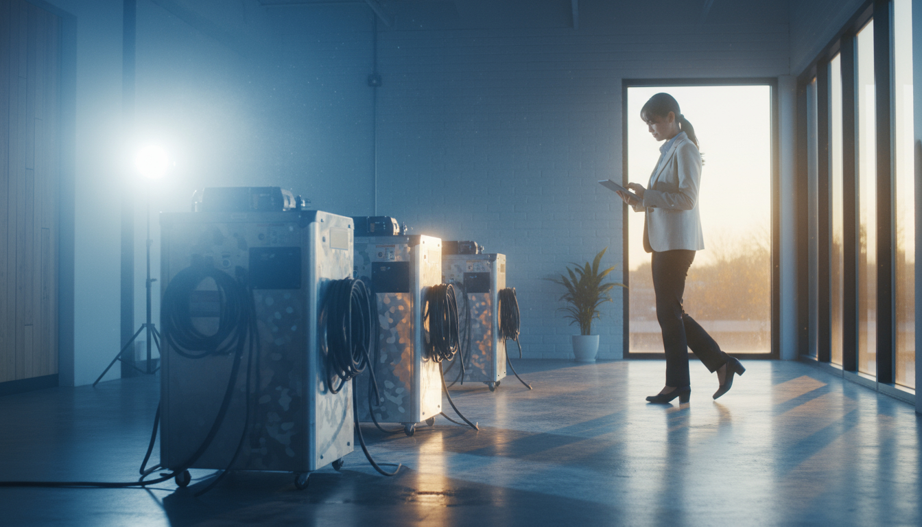 Psychrometric Principles in Water Damage Restoration Commercial dehumidification equipment deployed in office building restoration project psychrometric principles