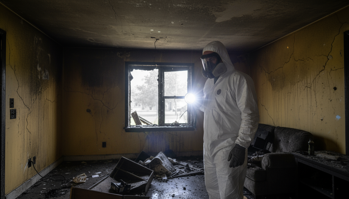 Professional fire damage restoration specialist assessing residential smoke damage