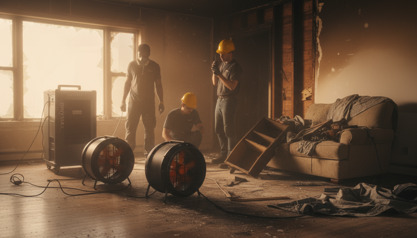 Residential Fire and Smoke Damage: Expert Restoration Techniques Professional fire damage cleanup equipment in residential property