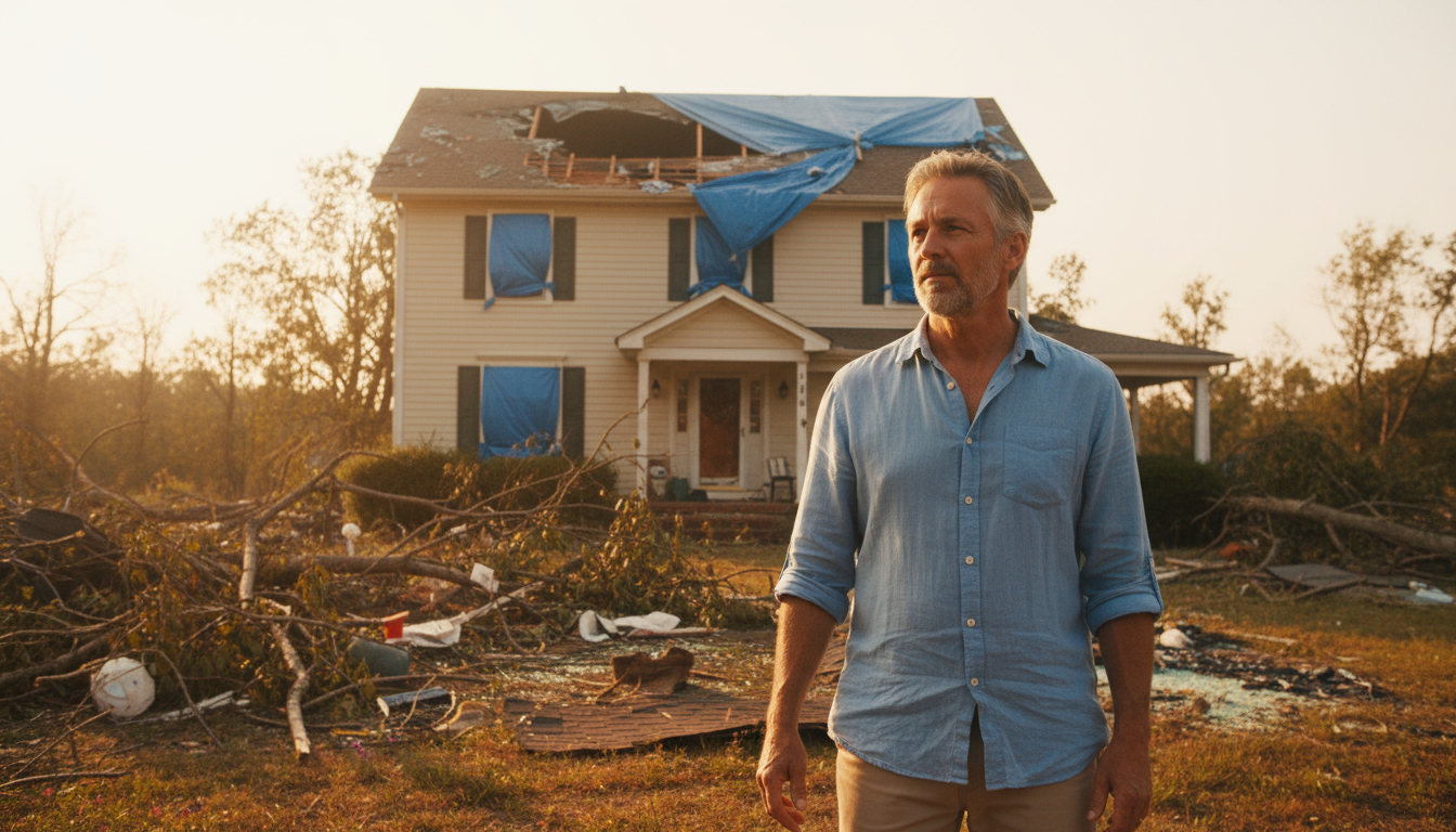 Homeowner filing storm damage insurance claim with damaged roof in background