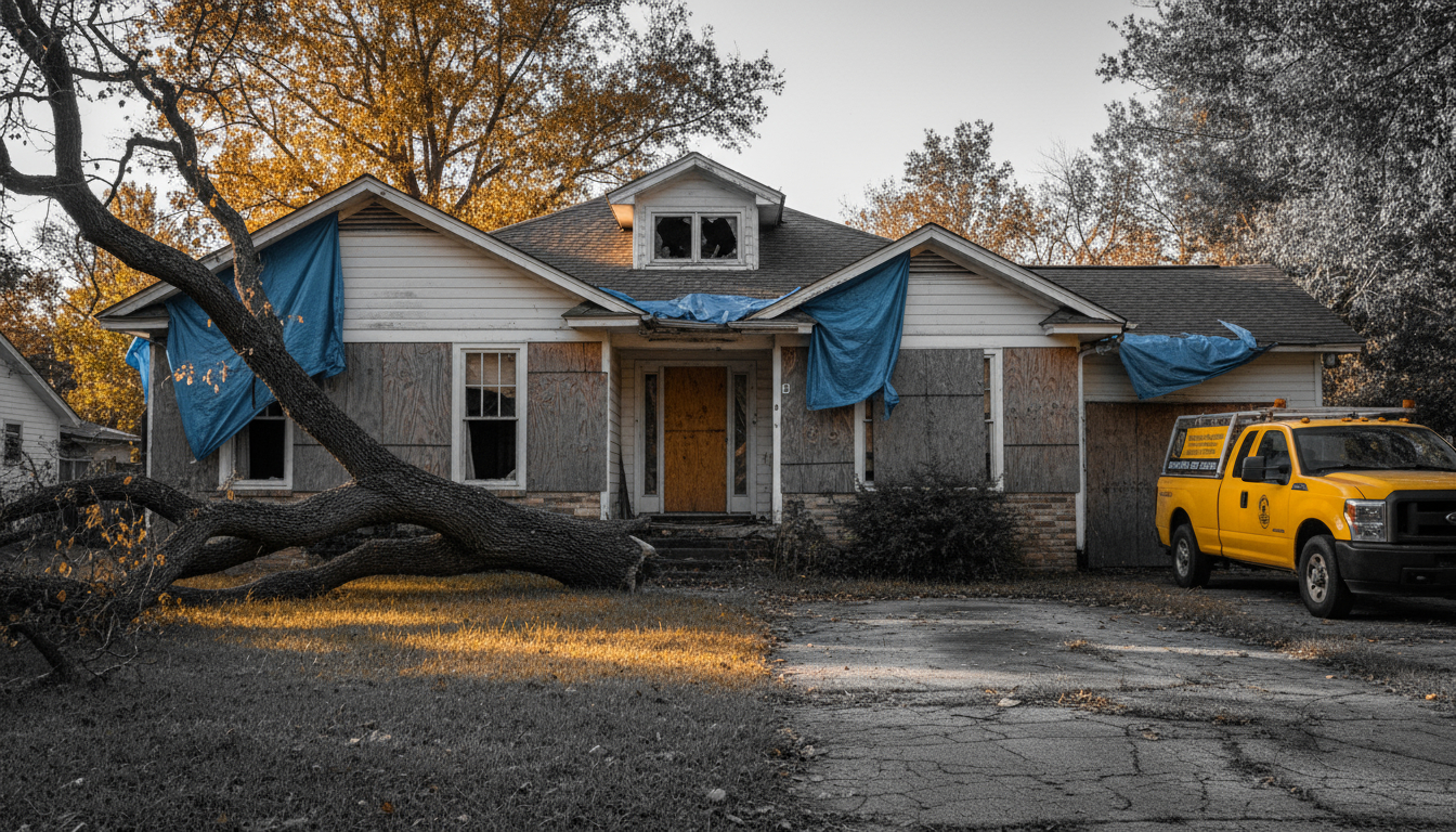 Board-up services protecting storm damaged property from further weather damage
