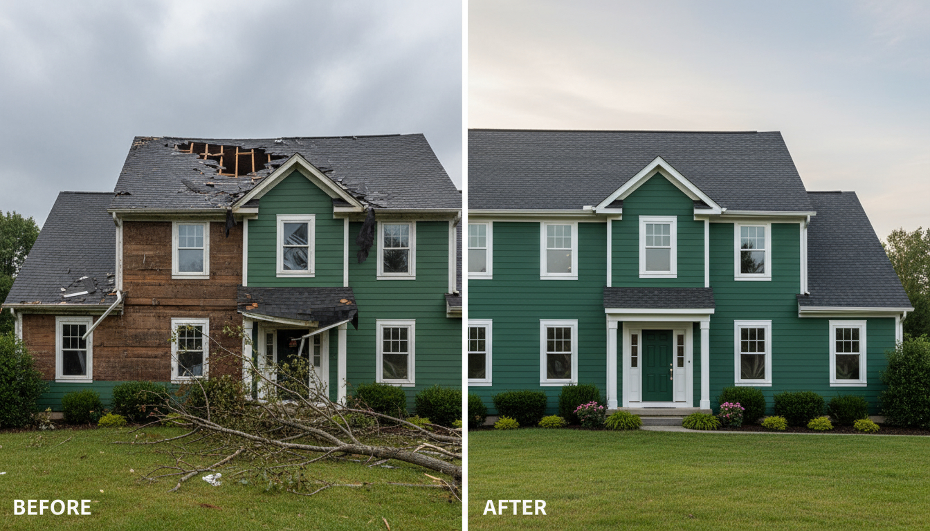 Before and after exterior restoration of storm damaged residential property

