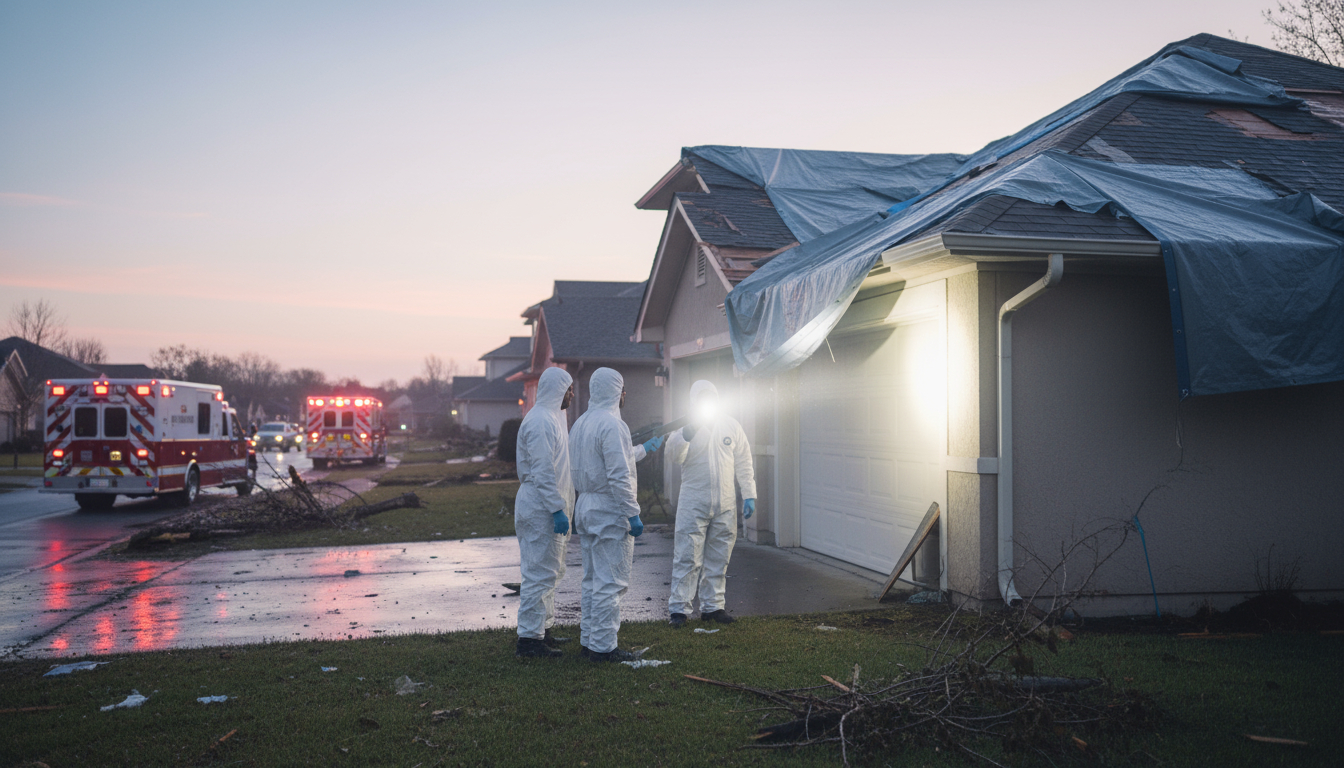 Professional storm damage restoration team assessing residential property damage