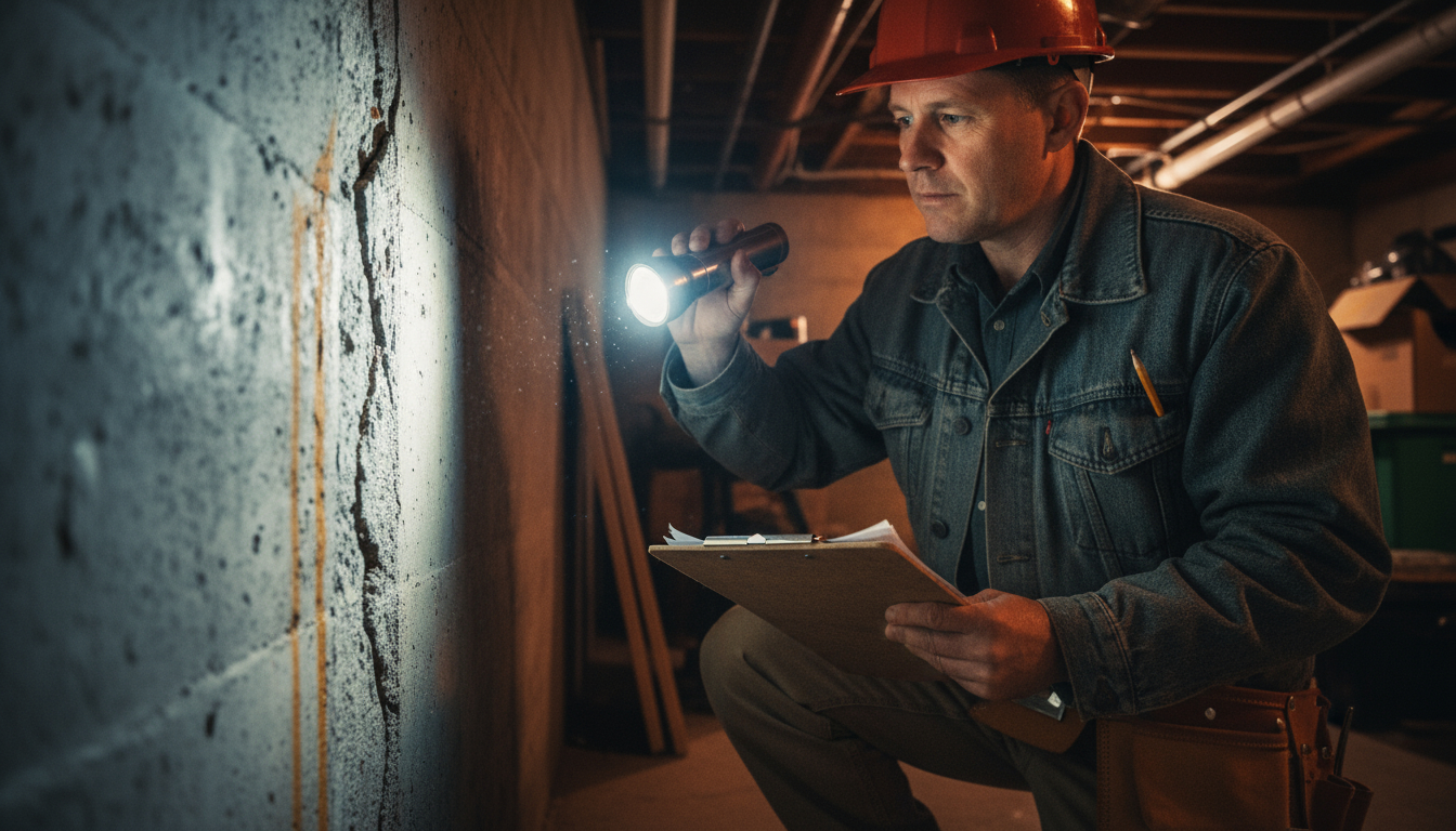 Professional structural engineer inspecting foundation cracks during structural damage repair assessment