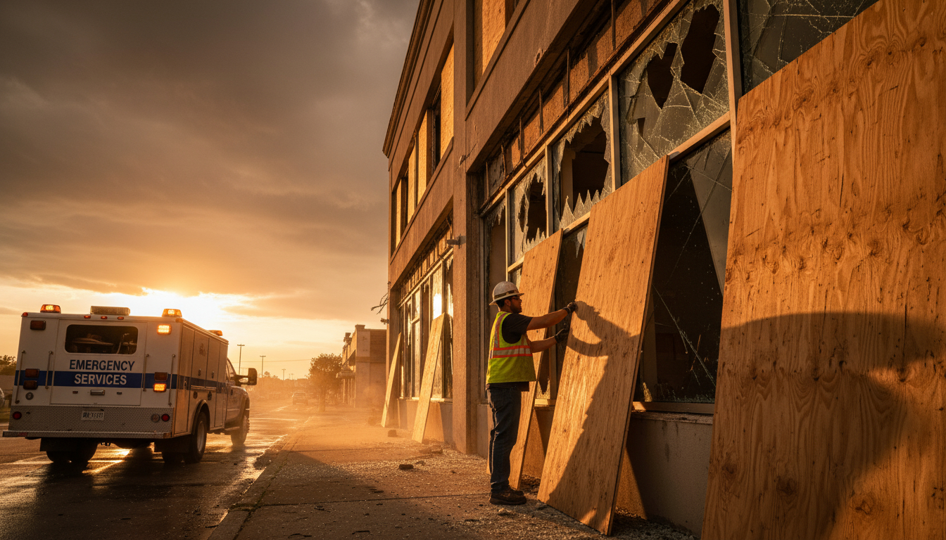 Emergency board-up services securing damaged commercial property with professional plywood installation