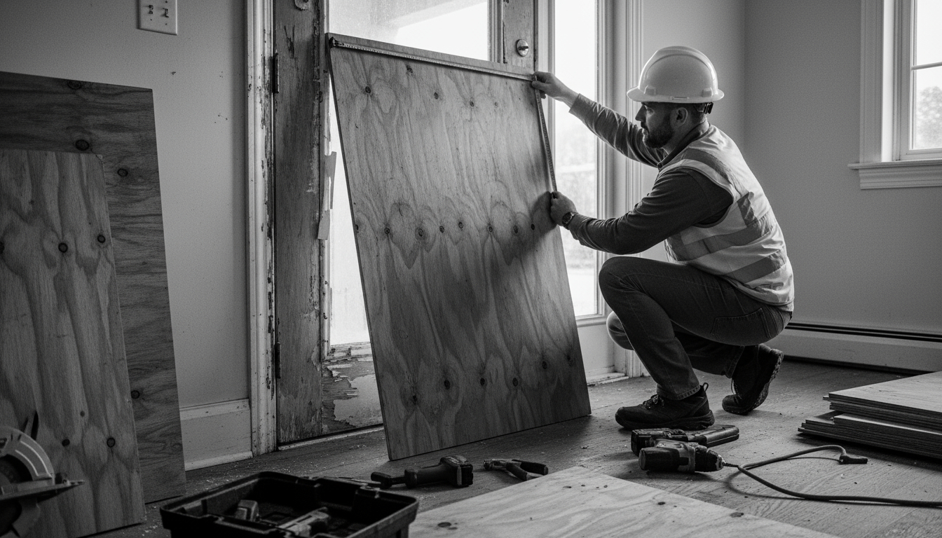 Professional technician measuring materials during emergency board-up service installation
