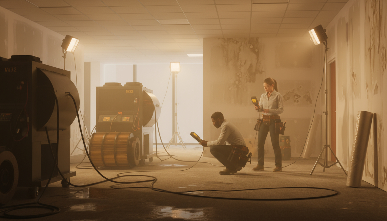 Professional structural drying equipment including dehumidifiers and air movers in commercial water damage restoration project