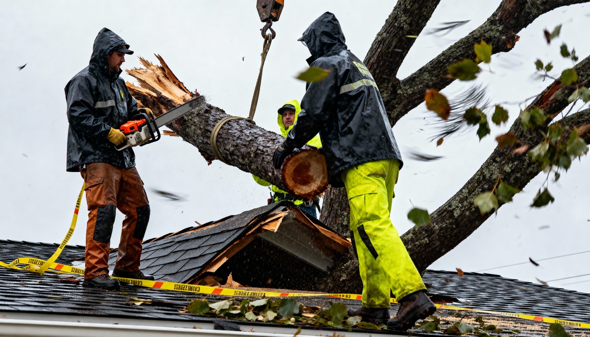 Professional tree damage repair team safely removing fallen tree from residential roof
