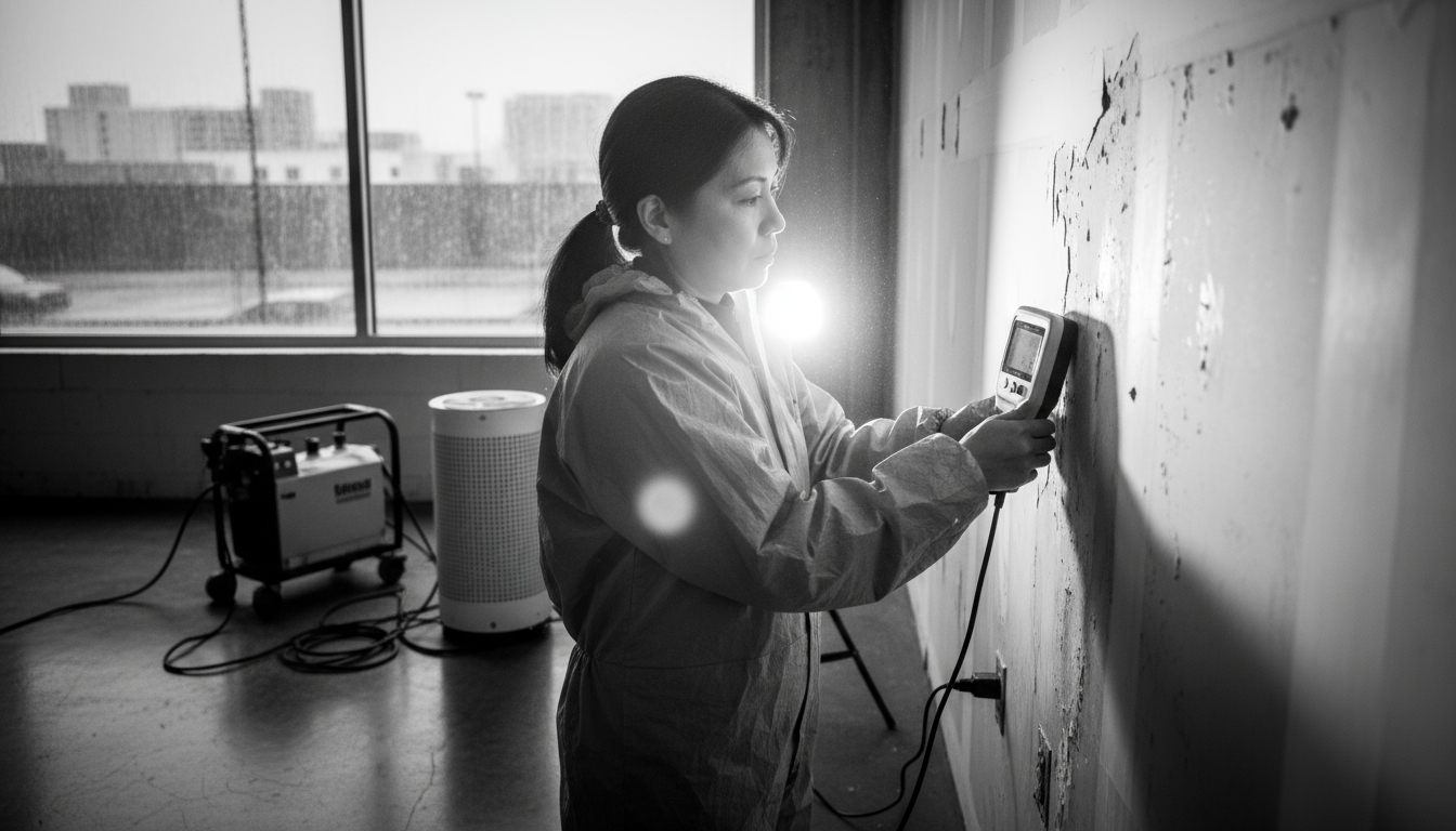 Professional restoration technician measuring moisture levels following IICRC standards in commercial building