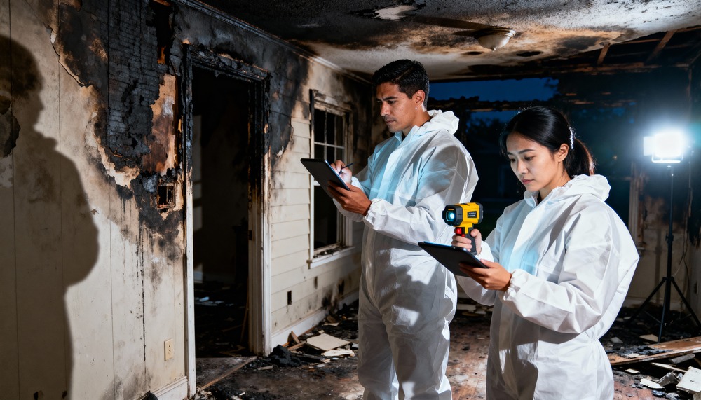 Fire restoration professionals conducting damage assessment in residential property