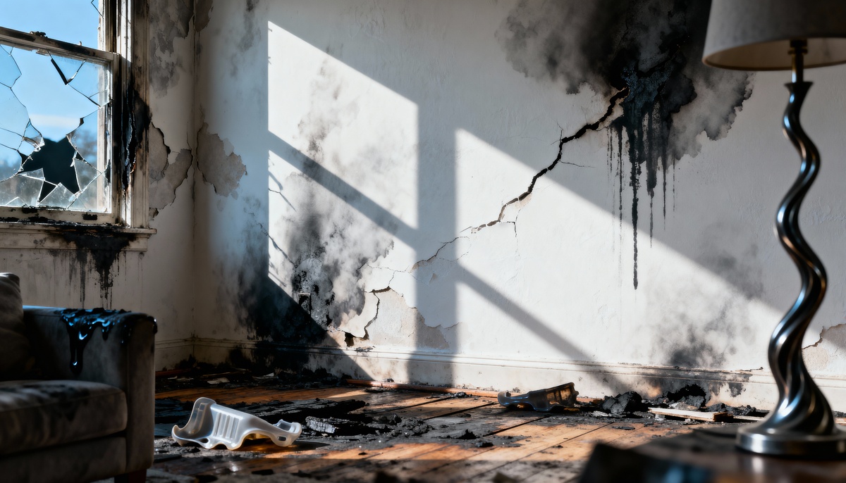 Black soot residue on wall from smoke damage after house fire