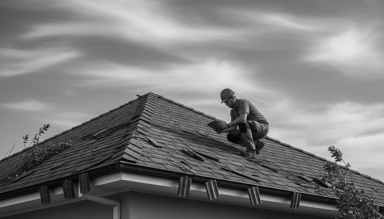 Professional wind damage restoration team assessing storm damage to residential property roof