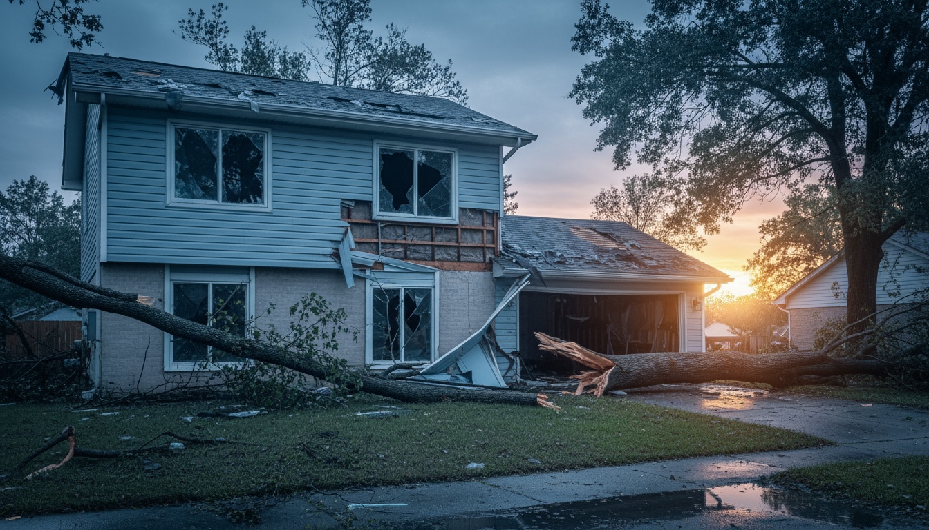 Wind Damage Restoration: Repairing Your Property After Severe Weather Severe wind damage to home exterior showing damaged roof, siding, and broken windows