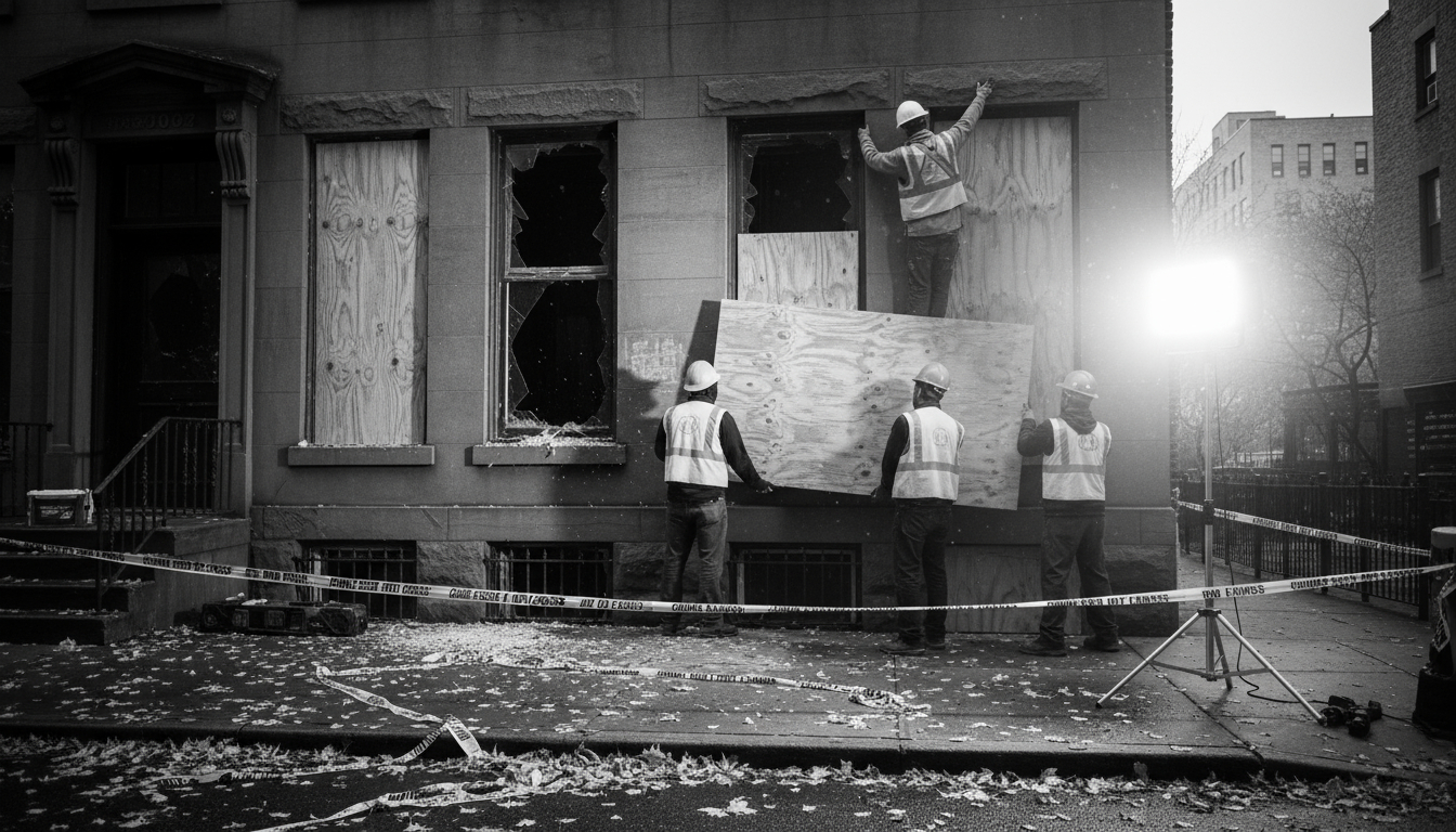 Wind Damage Restoration: Repairing Your Property After Severe Weather Wind damage restoration crew performing emergency board-up services on storm-damaged home