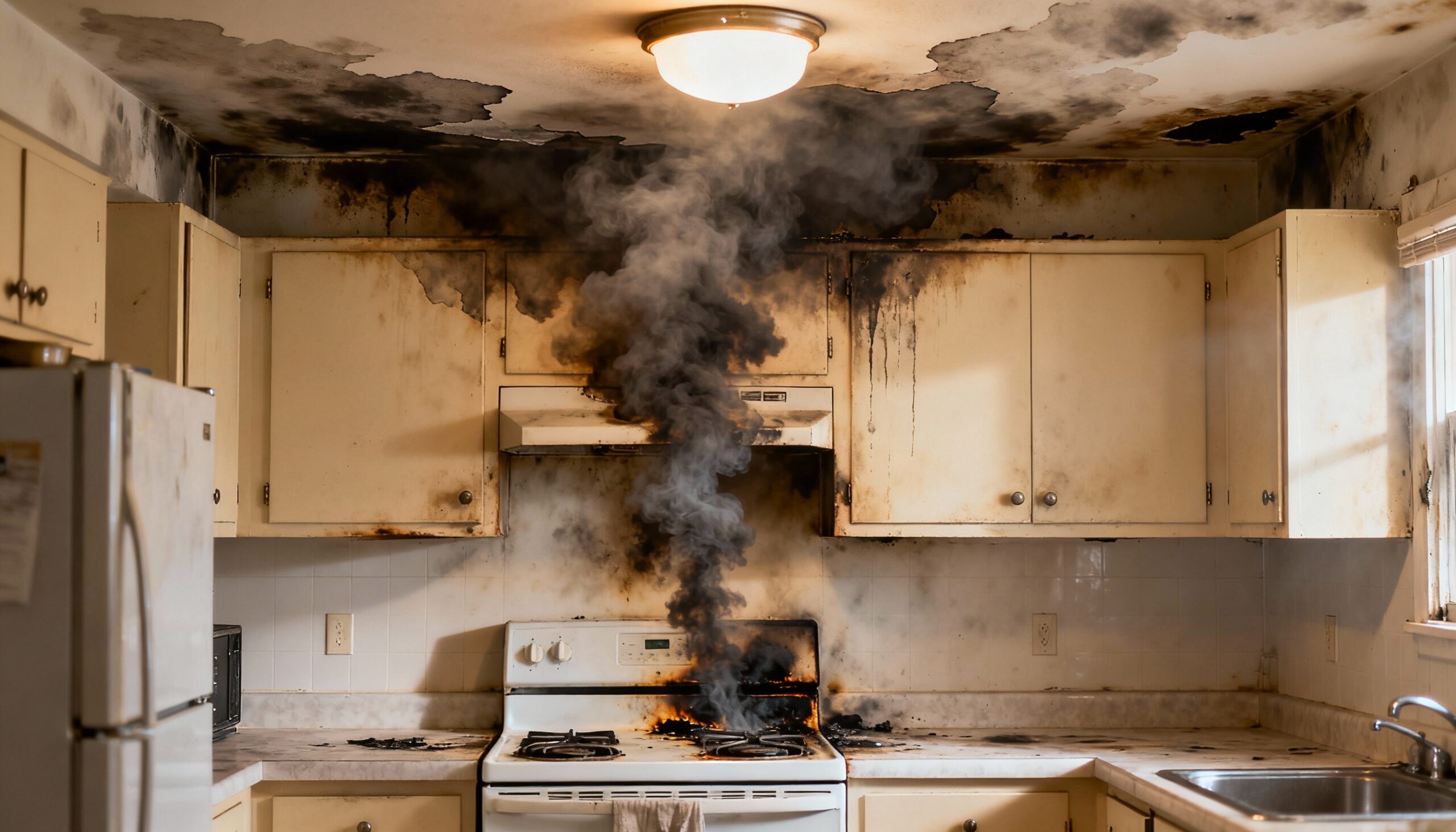 Smoke and soot damage on walls after residential fire requiring air quality testing