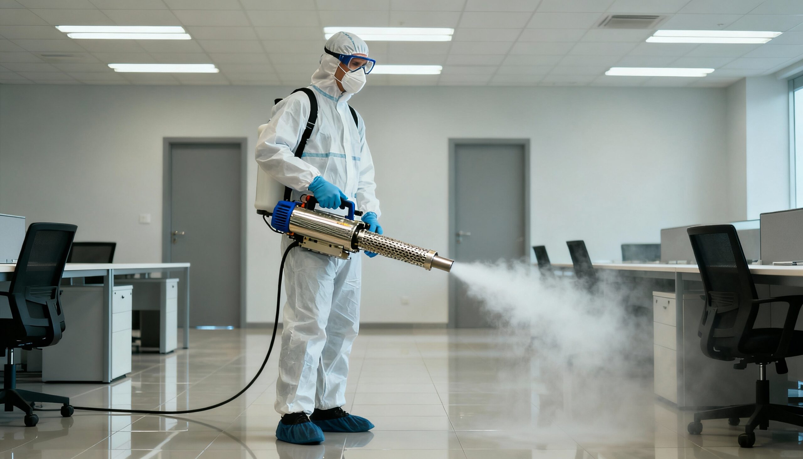 Antimicrobial Treatments in Restoration: Applications and Effectiveness ULV fogging antimicrobial treatment in commercial facility for microbial control