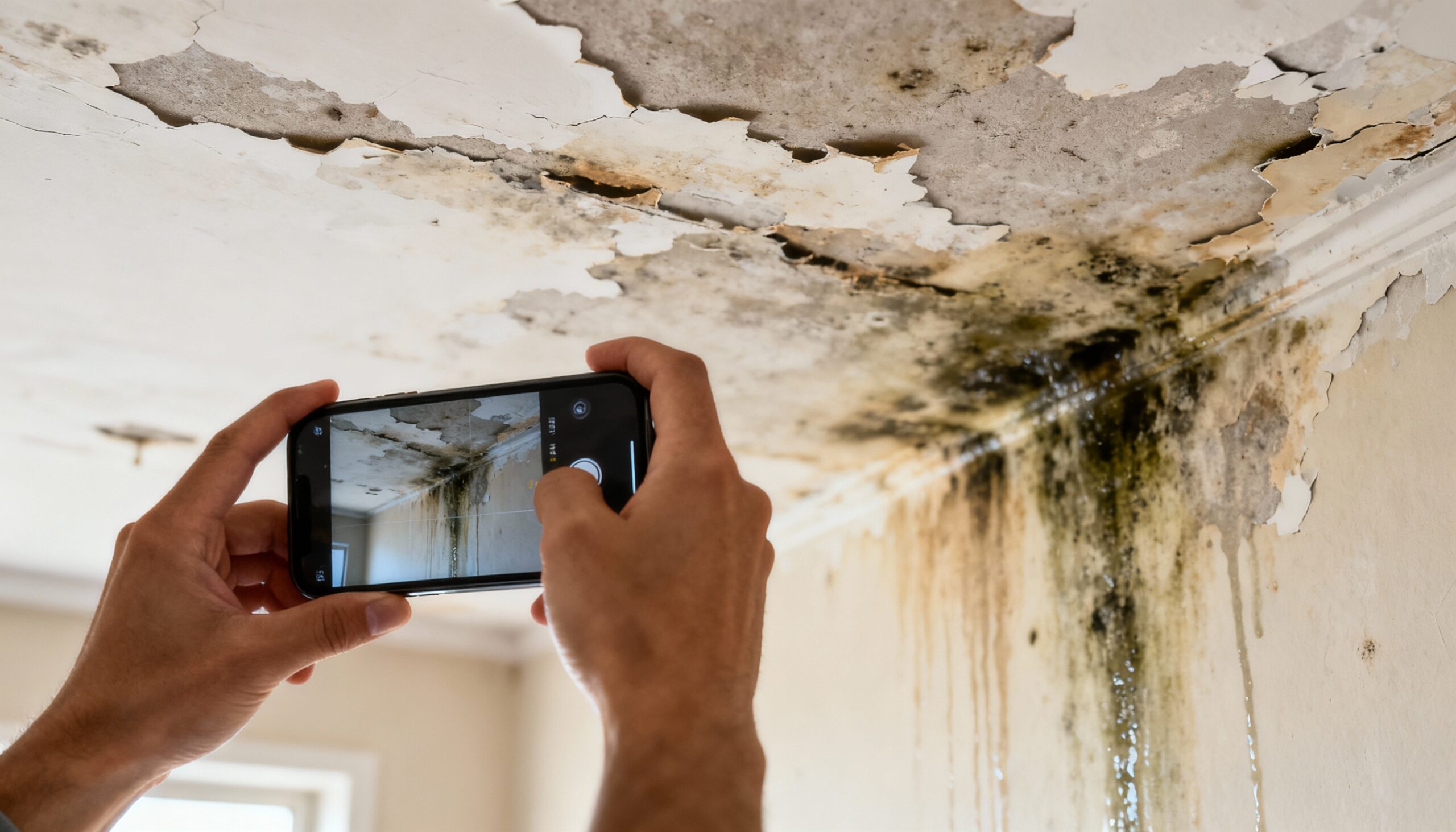 Tenant documenting apartment water damage with smartphone for insurance claim