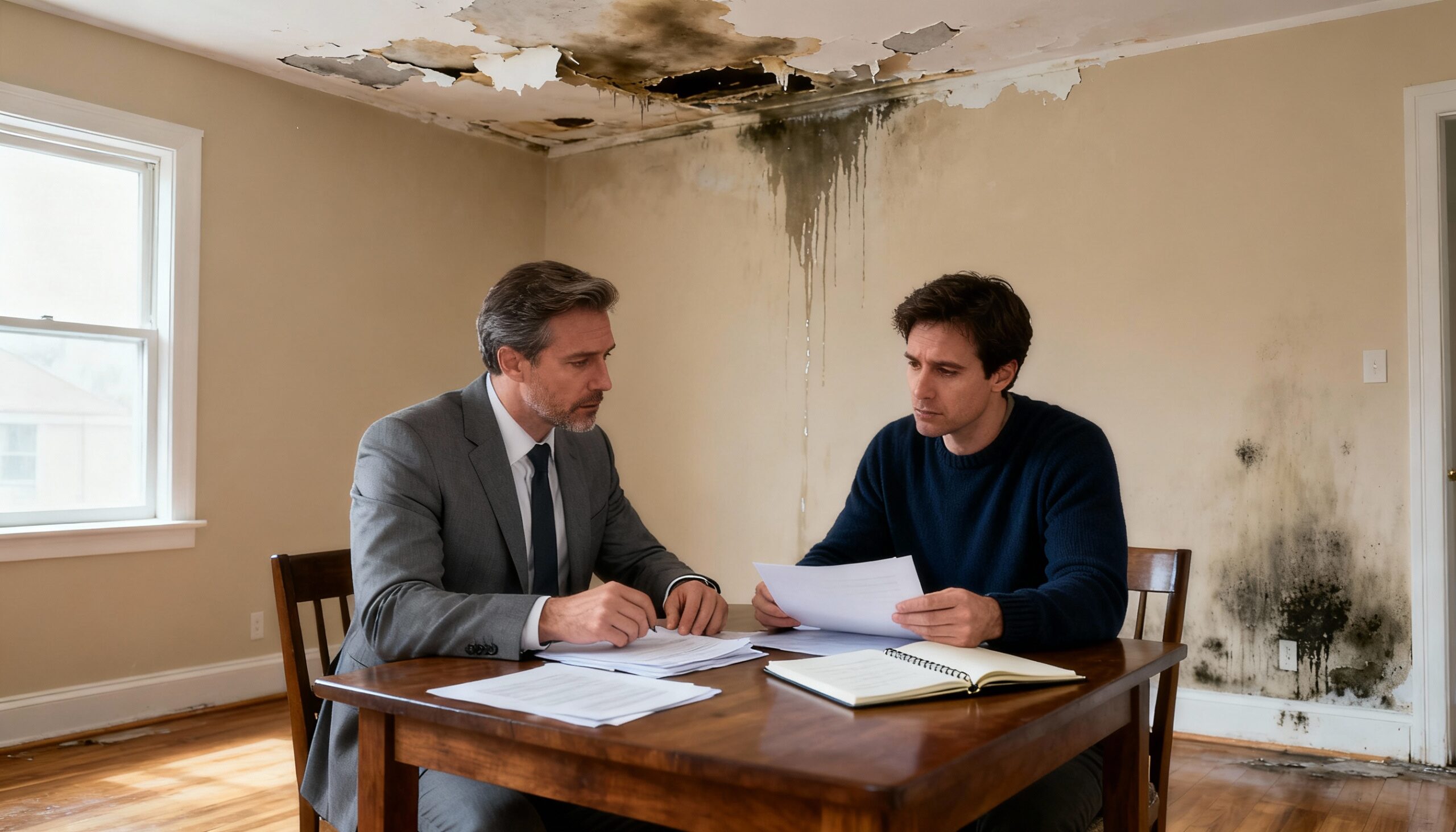 Landlord and tenant discussing apartment water damage liability and repair responsibilities