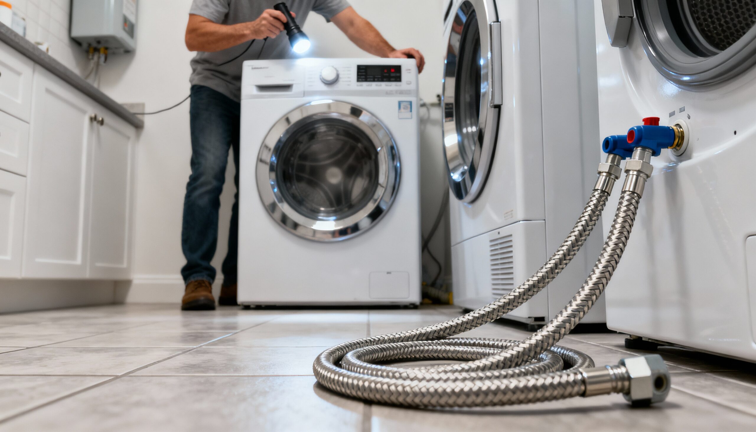 Homeowner performing appliance leak prevention inspection on washing machine water supply hoses