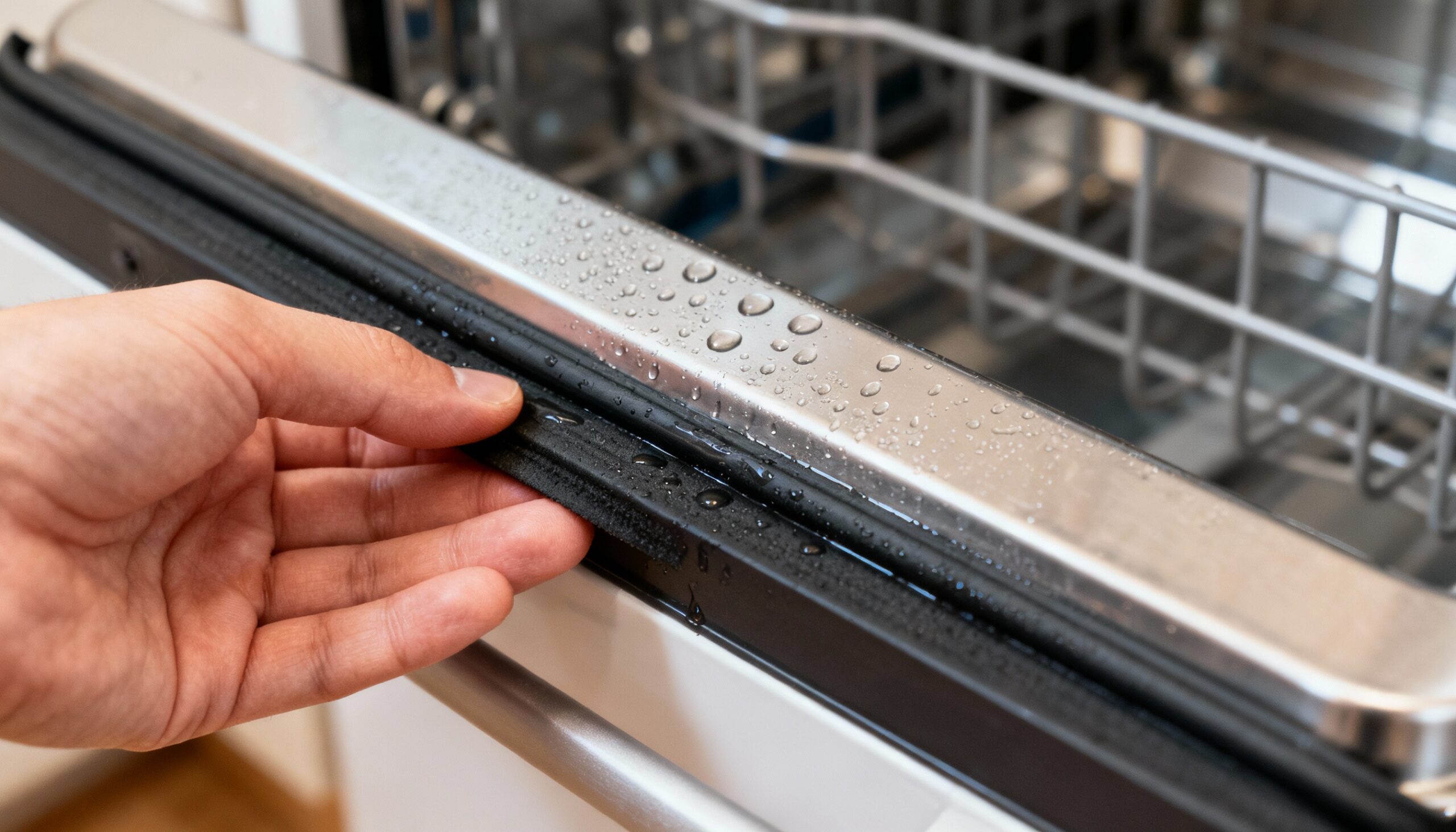 Appliance Leak Prevention: Protecting Your Home from Common Failures Inspecting dishwasher flooding prevention door seal and gasket for wear and damage