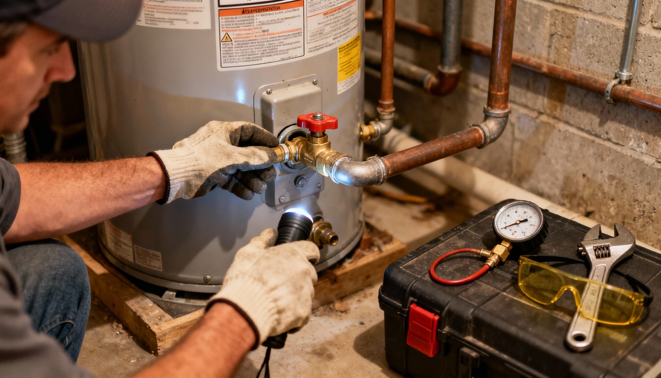 Appliance Leak Prevention: Protecting Your Home from Common Failures Water heater maintenance inspection checking for leaks and testing pressure relief valve