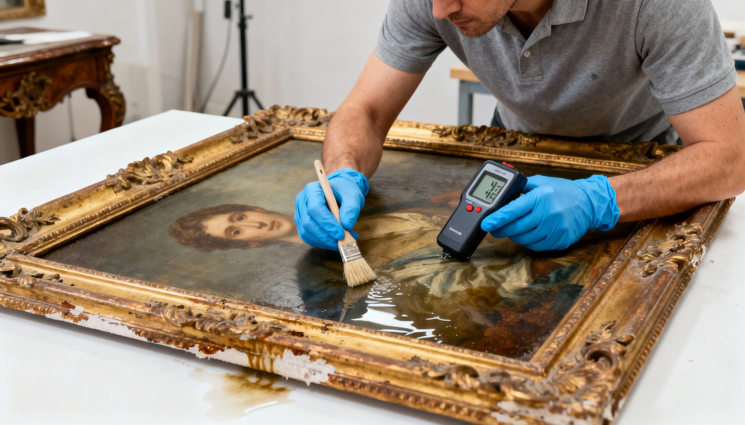 Professional artwork and antiques water damage restoration specialist inspecting water-damaged painting