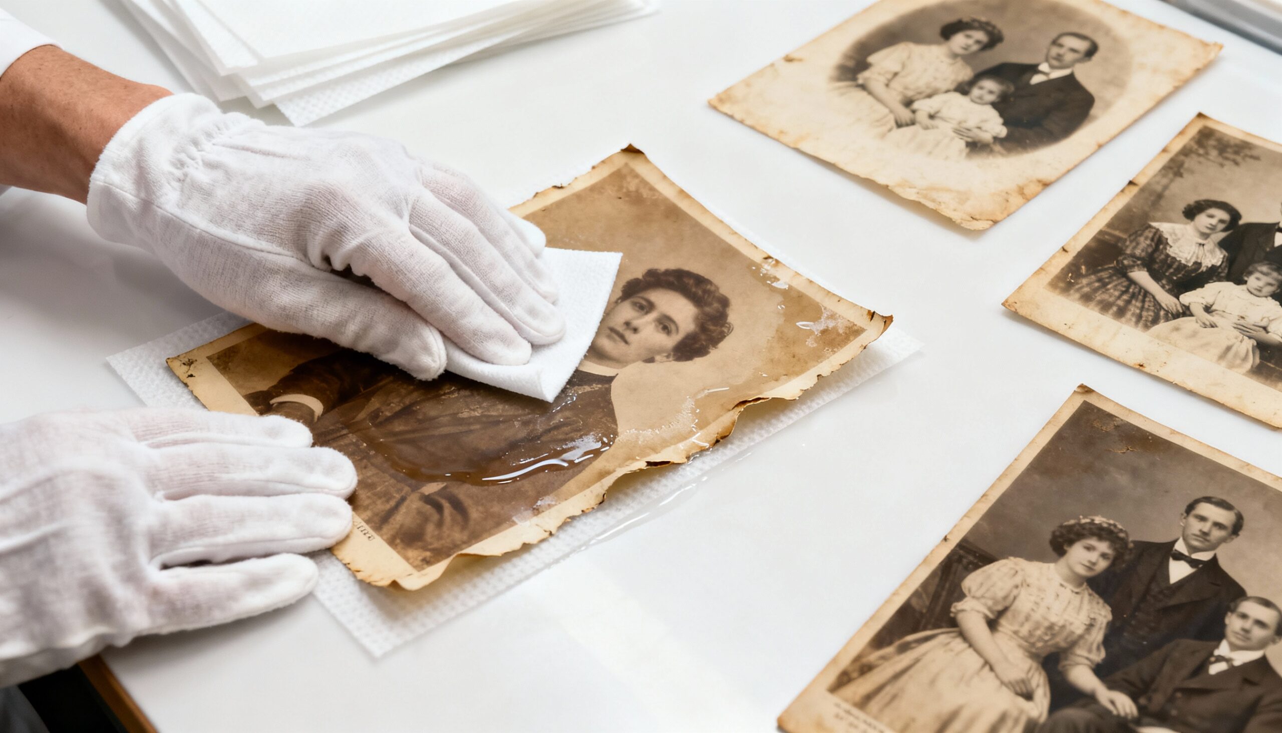 Artwork and Antiques Water Damage Restoration: Specialized Recovery Antique restoration expert performing fine art recovery on water-damaged vintage photographs