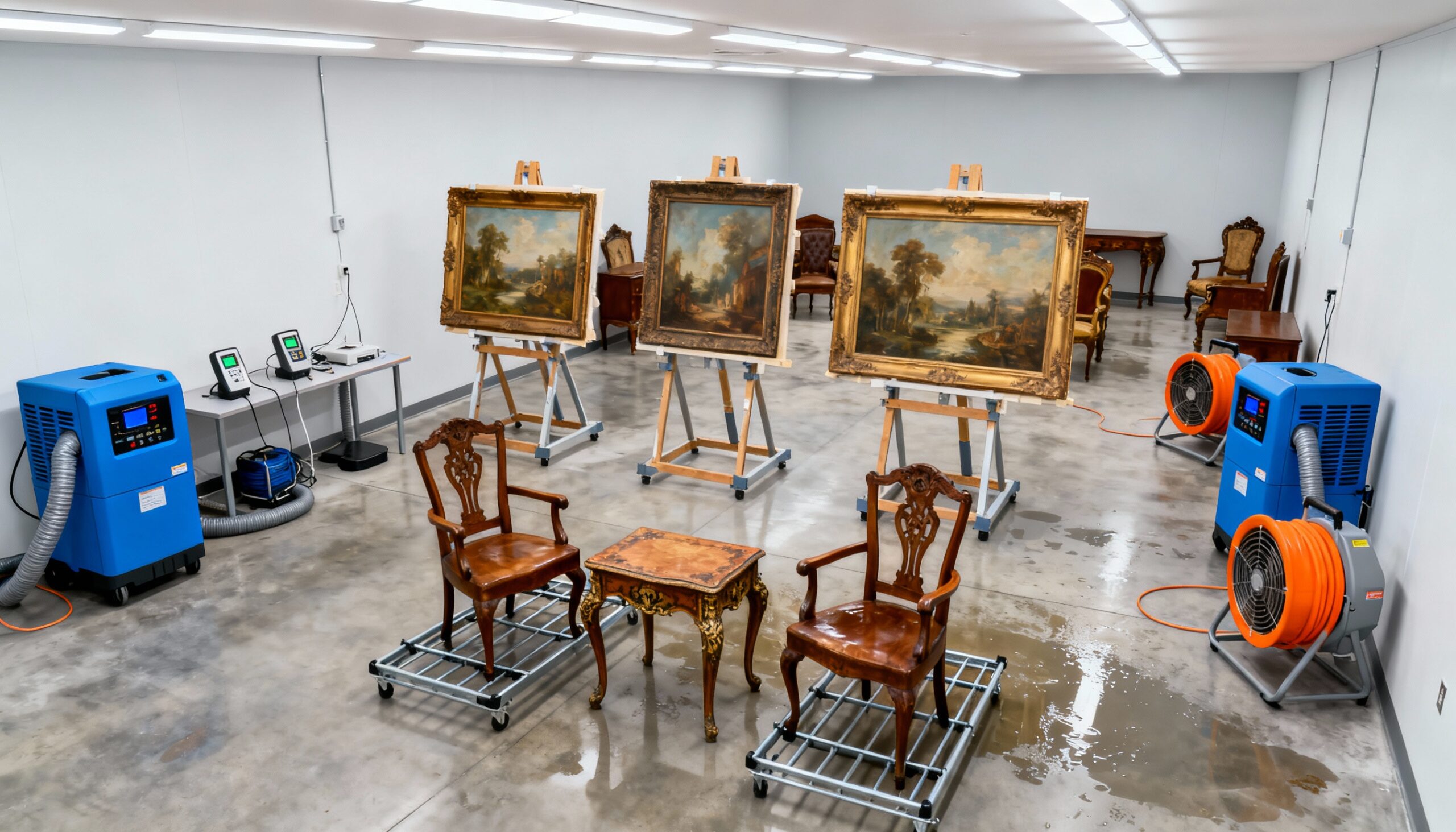 Artwork and Antiques Water Damage Restoration: Specialized Recovery Collectible water damage restoration facility with specialized drying equipment for artwork and antiques
