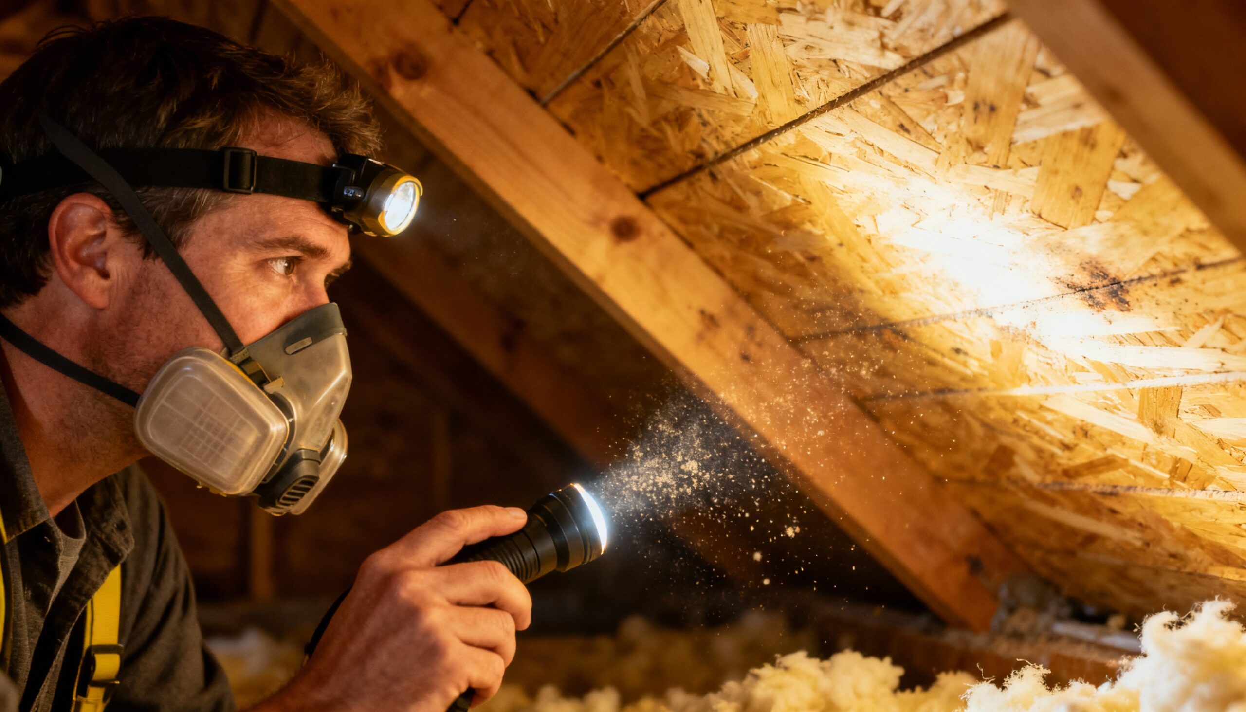 Homeowner conducting attic inspection for mold prevention and moisture detection