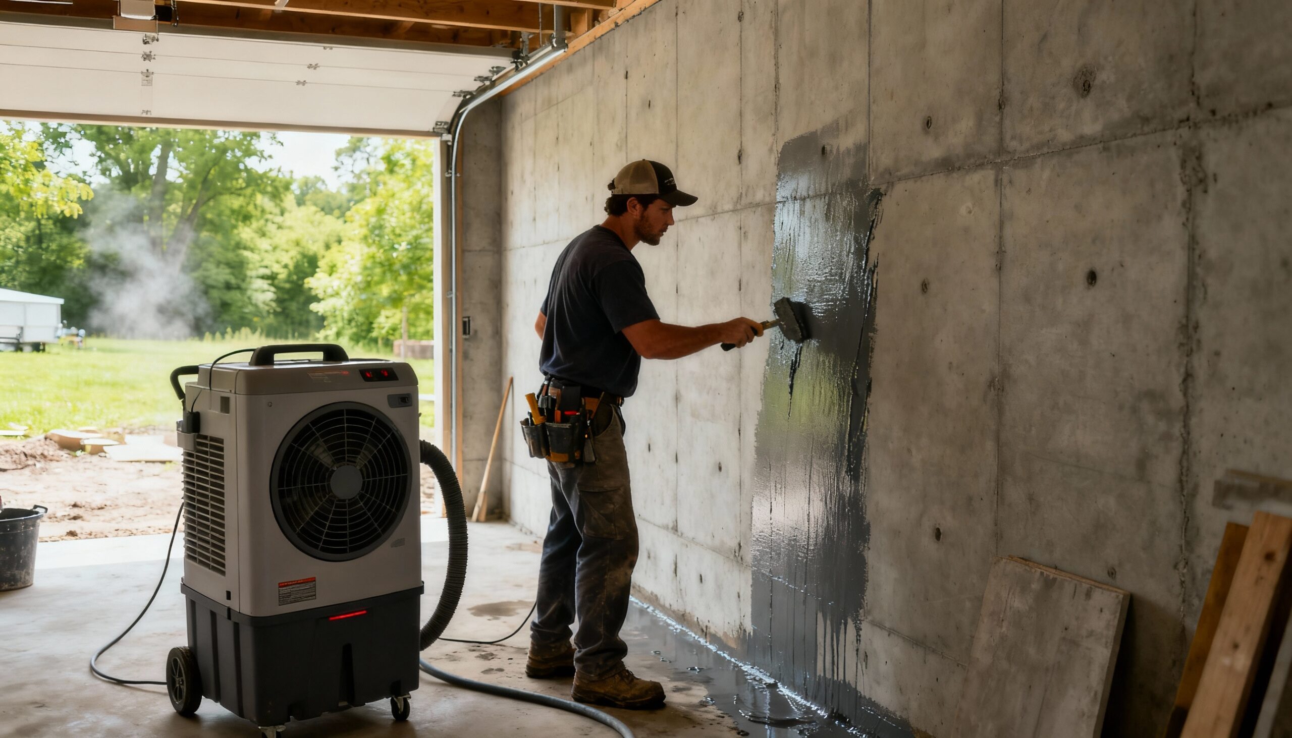 Basement waterproofing solutions showing sealant application and moisture control equipment