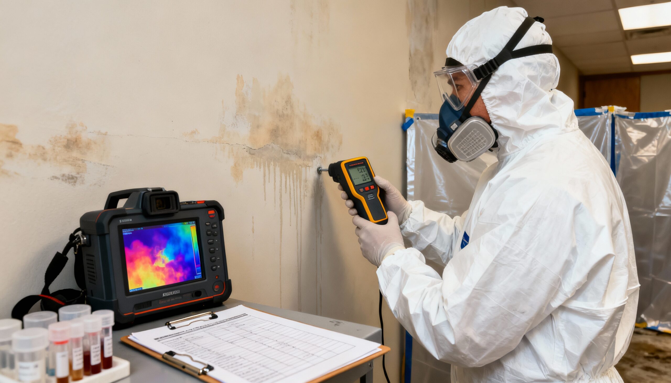 Blackwater protocols post-remediation verification using moisture meters and thermal imaging