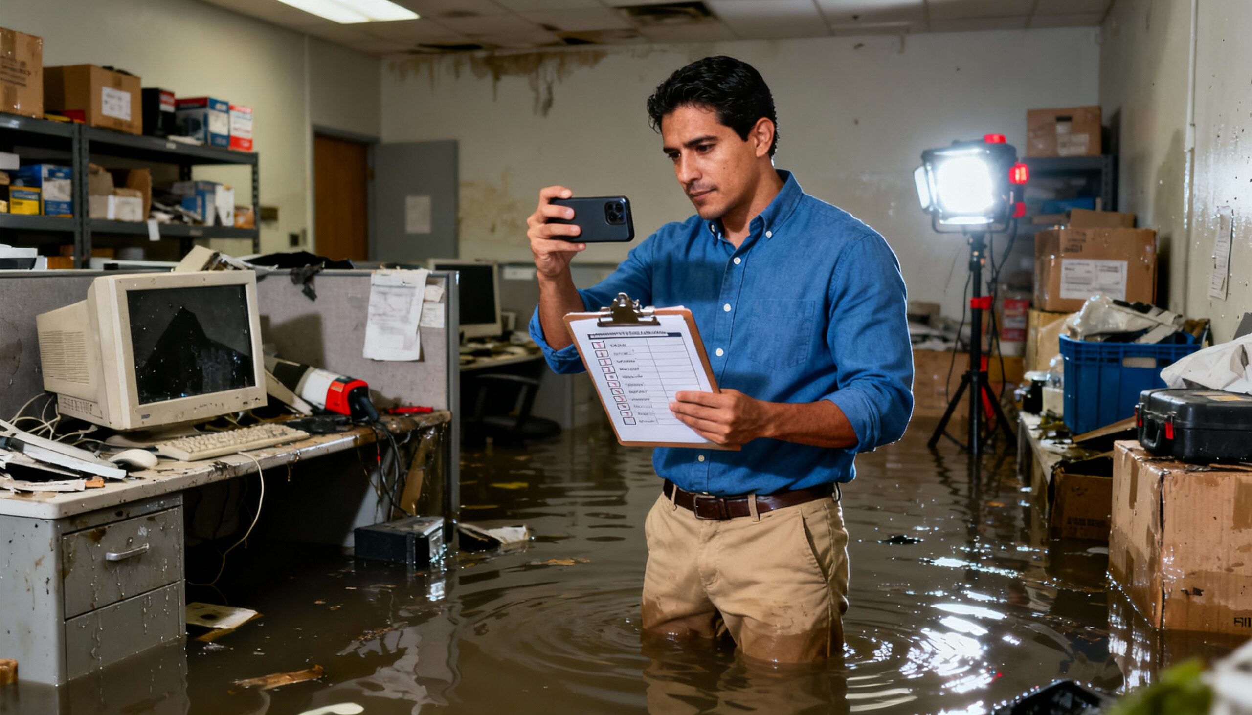 Business Property Water Damage: Response Strategies for Business Owners Business owner documenting commercial water damage for insurance claims with photos and inventory lists
