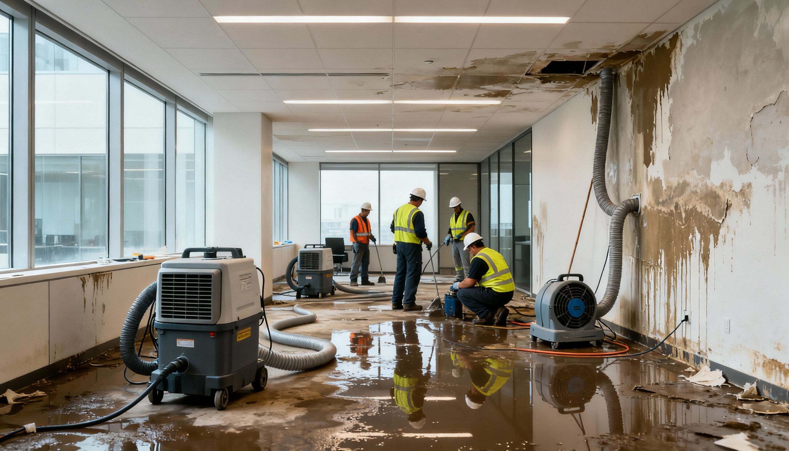 Commercial property water damage restoration professionals using industrial equipment in flooded office building
