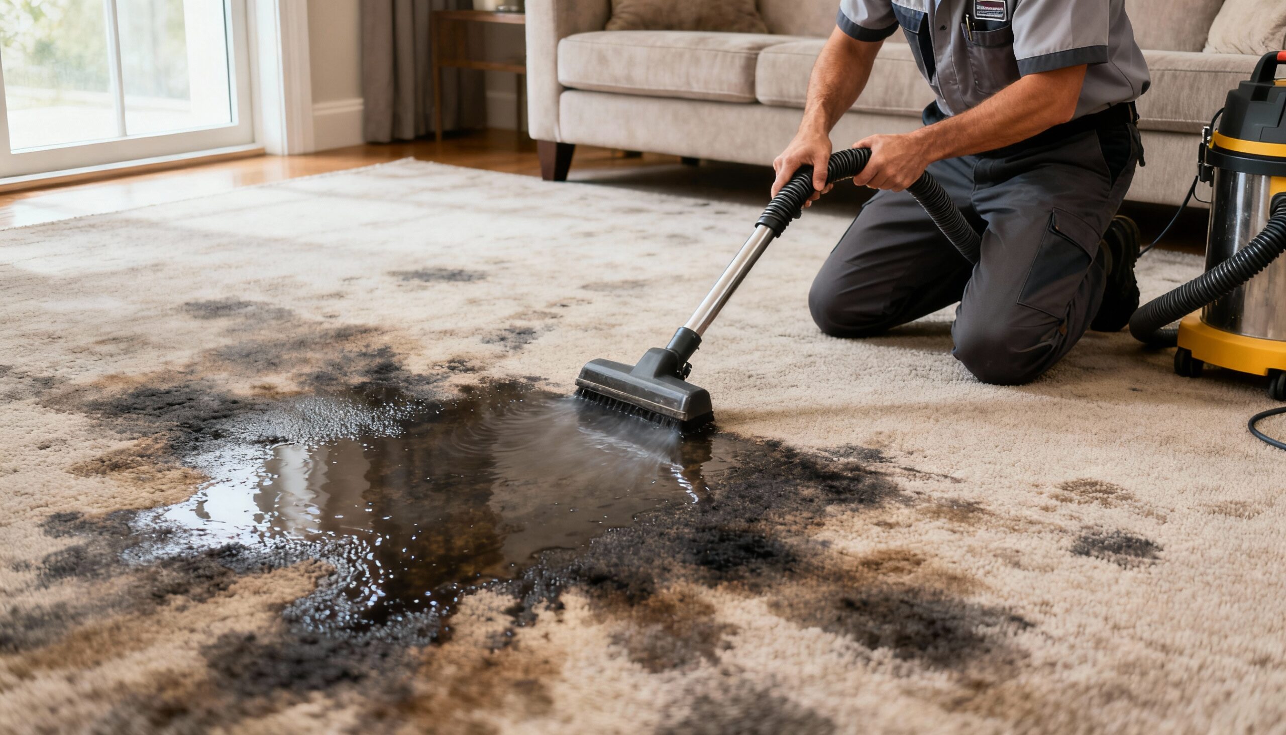 Professional carpet water damage restoration with extraction equipment removing water from saturated residential carpet