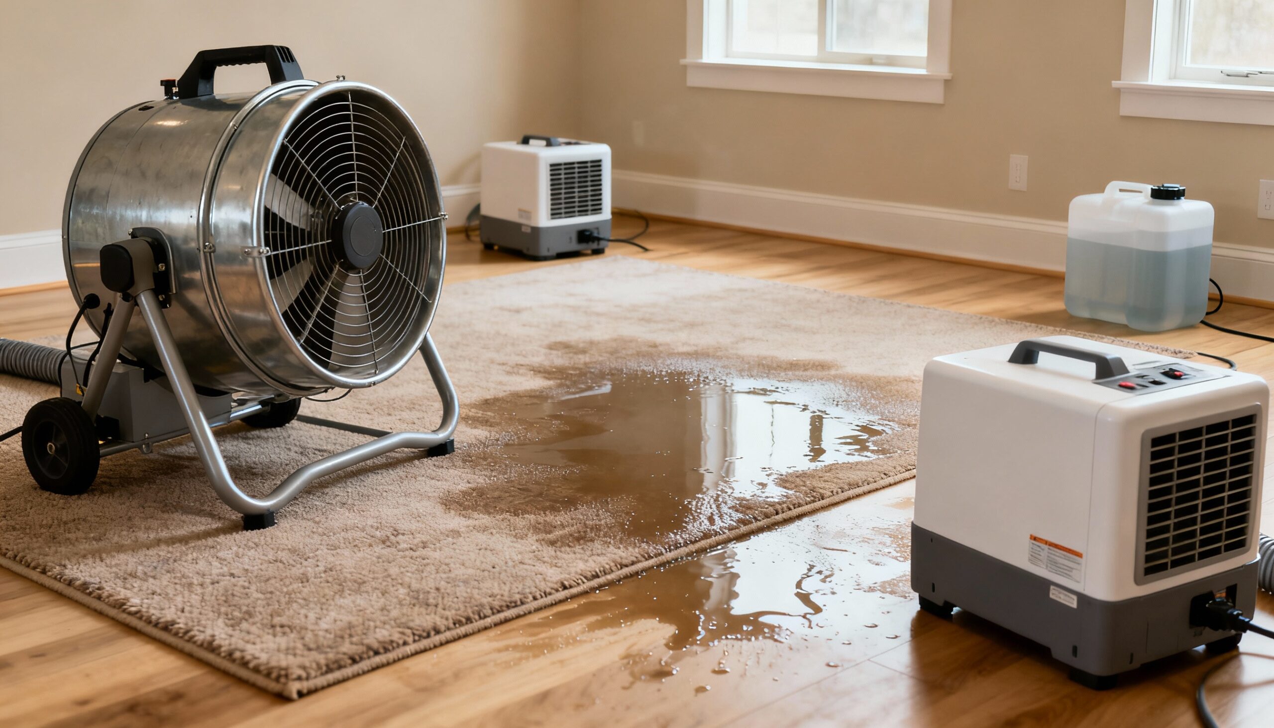 Professional drying equipment including air movers and dehumidifiers restoring water-damaged carpet