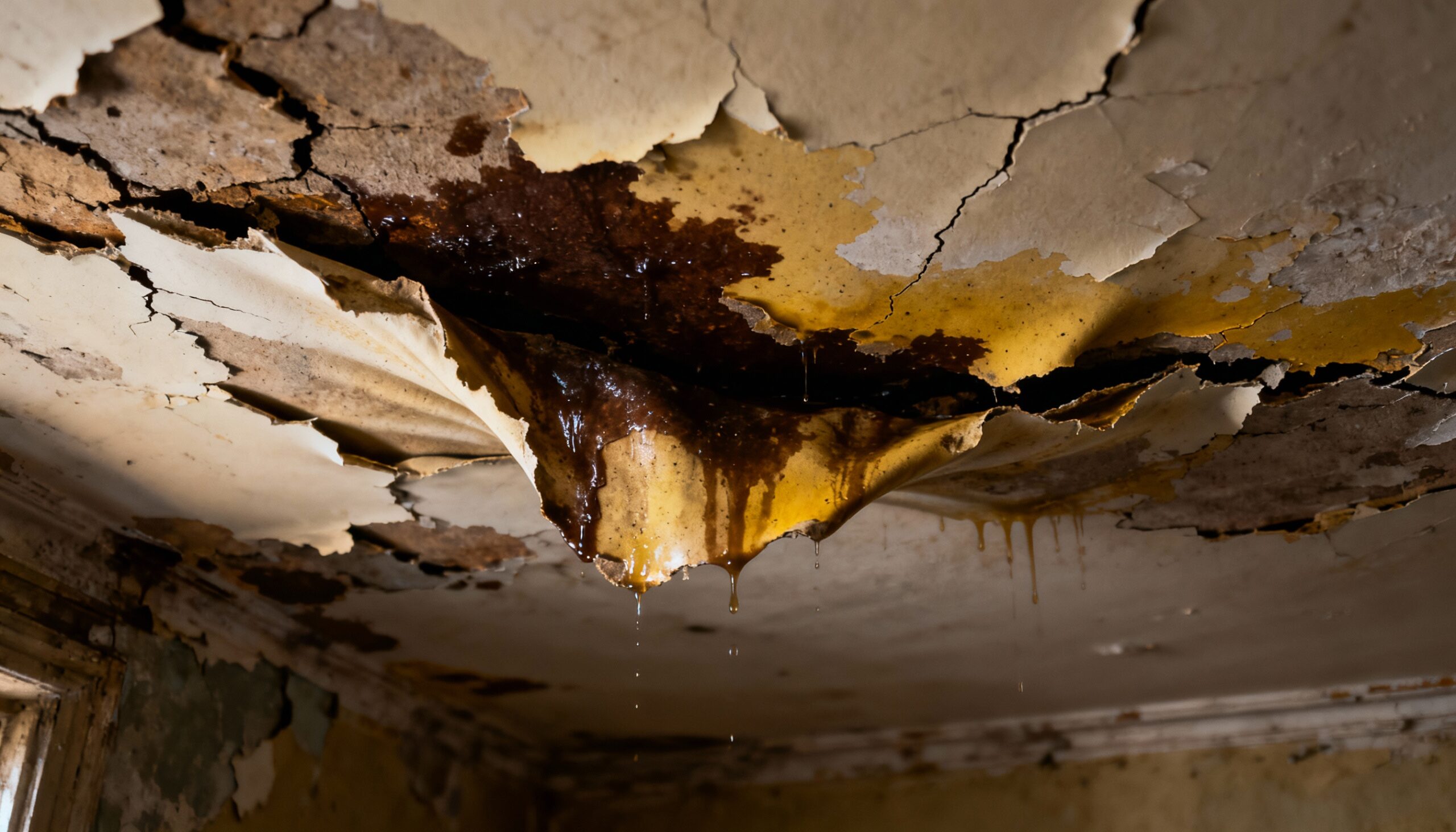 Sagging ceiling showing severe water damage with bulging drywall and peeling paint