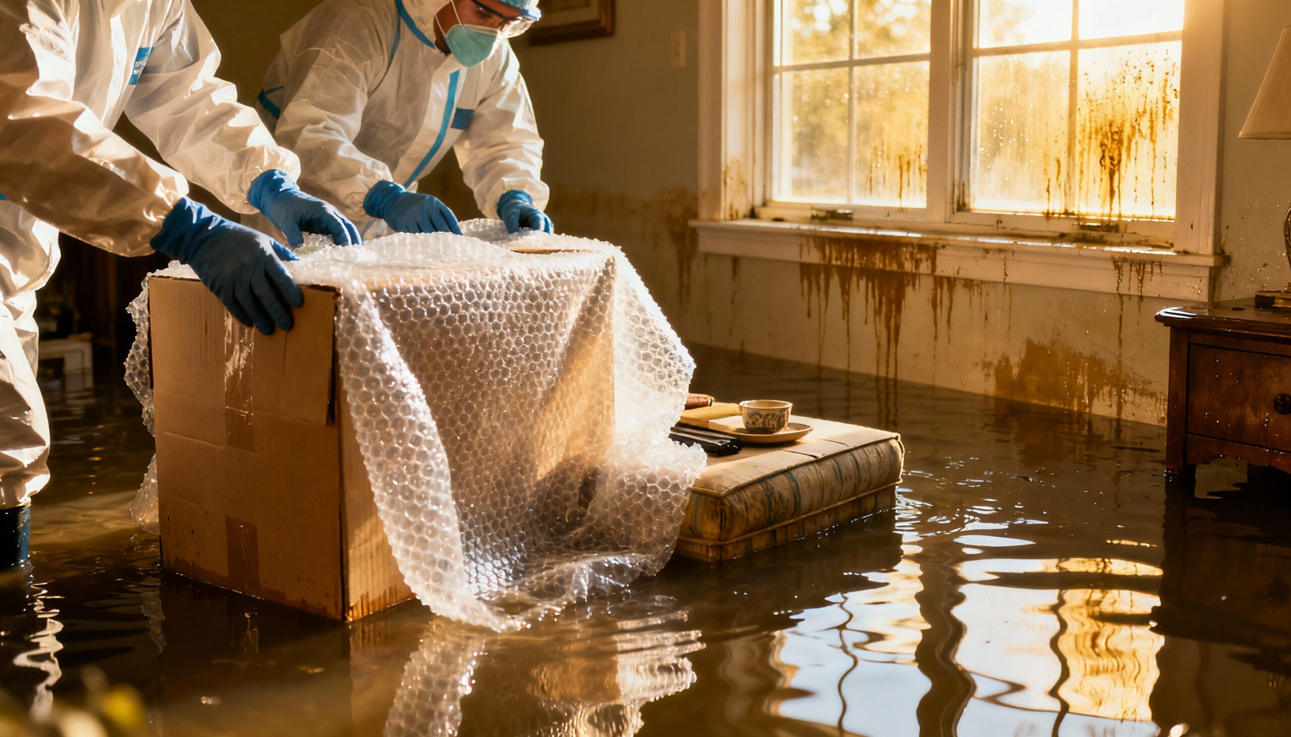 Professional restoration team performing contents pack-out services and wrapping furniture for safe storage