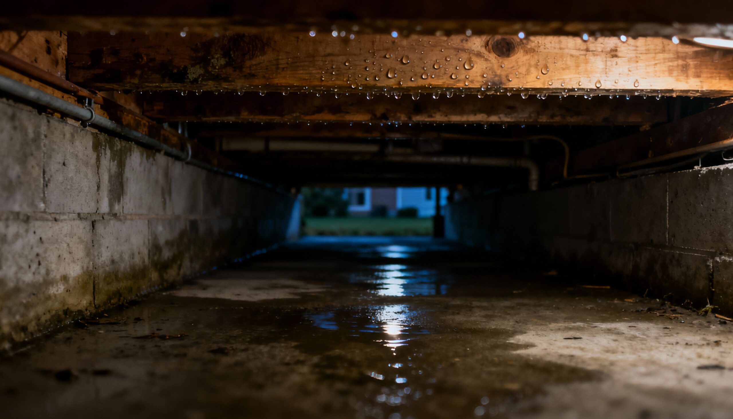Crawl space moisture problems with water damage on foundation and floor joists